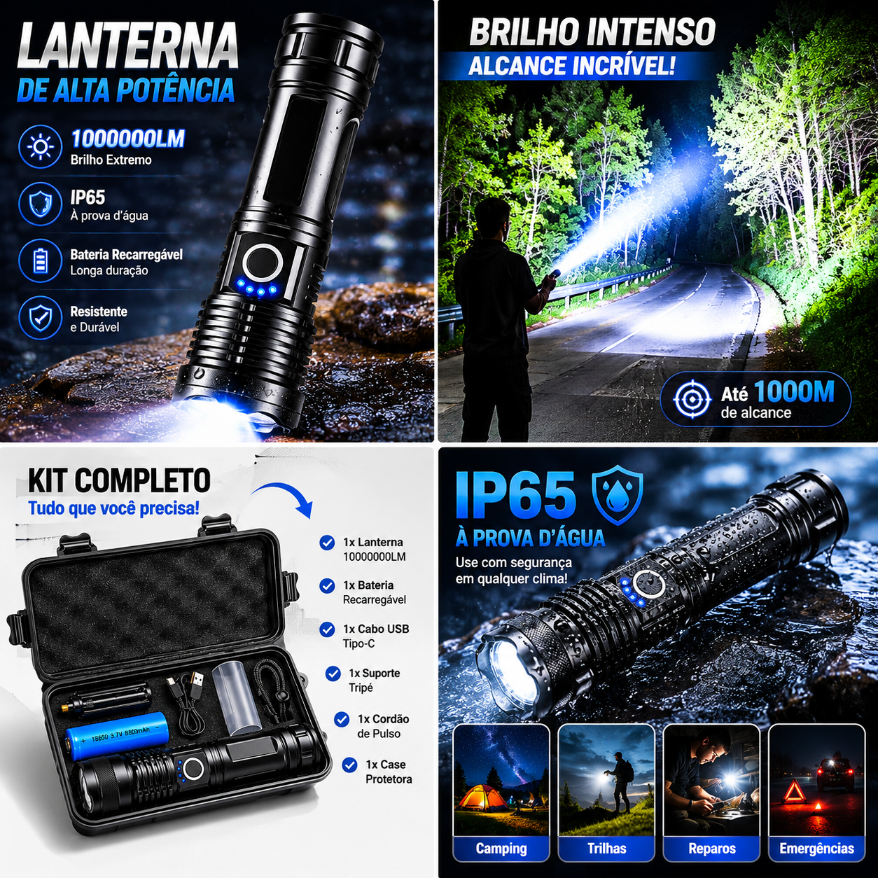 Lanterna recarregável T9 ultra resistente com corpo em liga de alumínio tático.