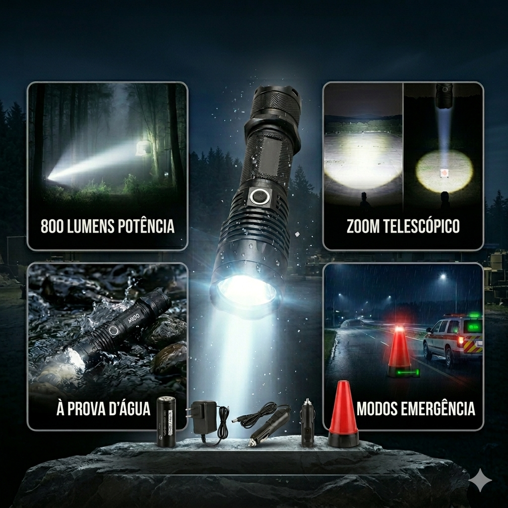 Lanterna militar com bateria recarregável e acessórios inclusos para uso em emergências e aventuras.
