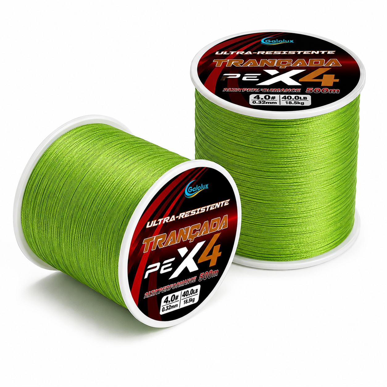 Linha de pesca multifilamento PE verde com 500 metros e alta resistência para pesca esportiva.