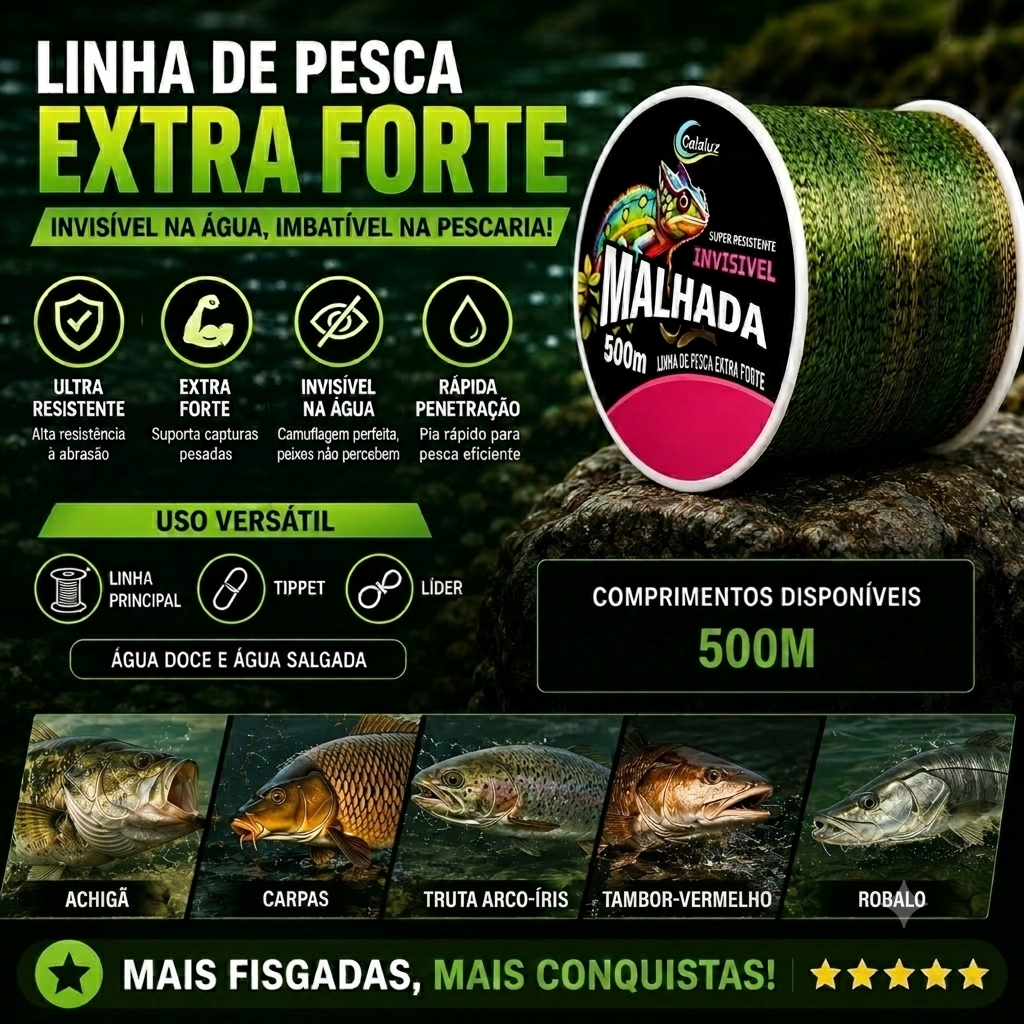 Carretel de linha de pesca camuflada em nylon com alta resistência à abrasão e tração.