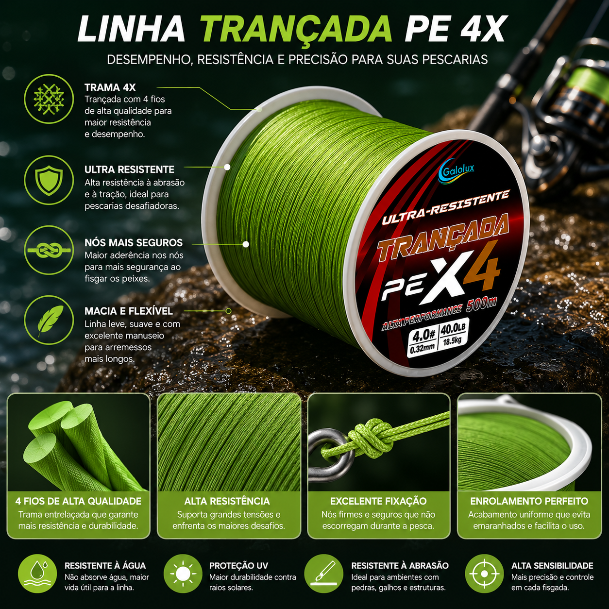Linha de pesca PE trançada com alta resistência à abrasão para água doce e salgada.