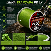 Linha de pesca PE trançada com alta resistência à abrasão para água doce e salgada.