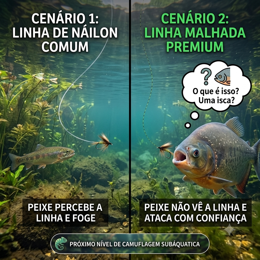 Linha de pesca em nylon camuflado disponível nas espessuras de 0.20mm a 0.50mm.