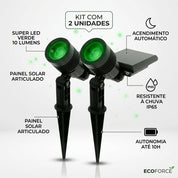 Infografico destacando Super LED verde de 10 lumens painel articulado acendimento automatico e protecao a chuva IP65 da luminaria solar Ecoforce.