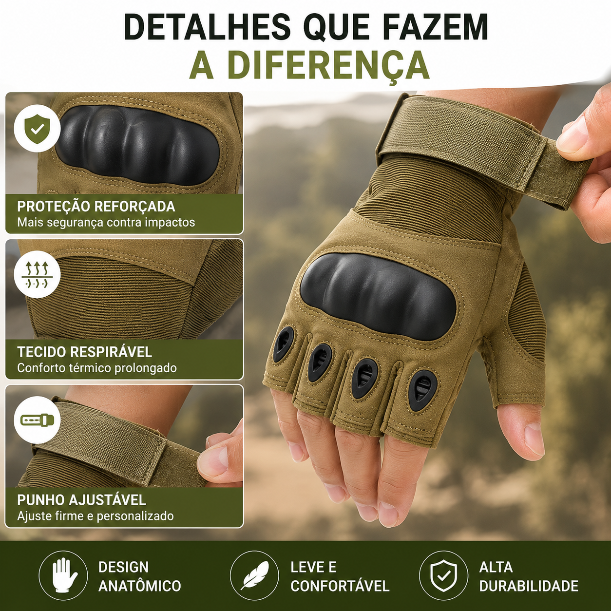 Luva outdoor com grip antiderrapante e tecido respirável para uso prolongado.