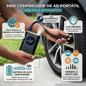 Destaques das características principais em português do mini compressor de ar digital.
