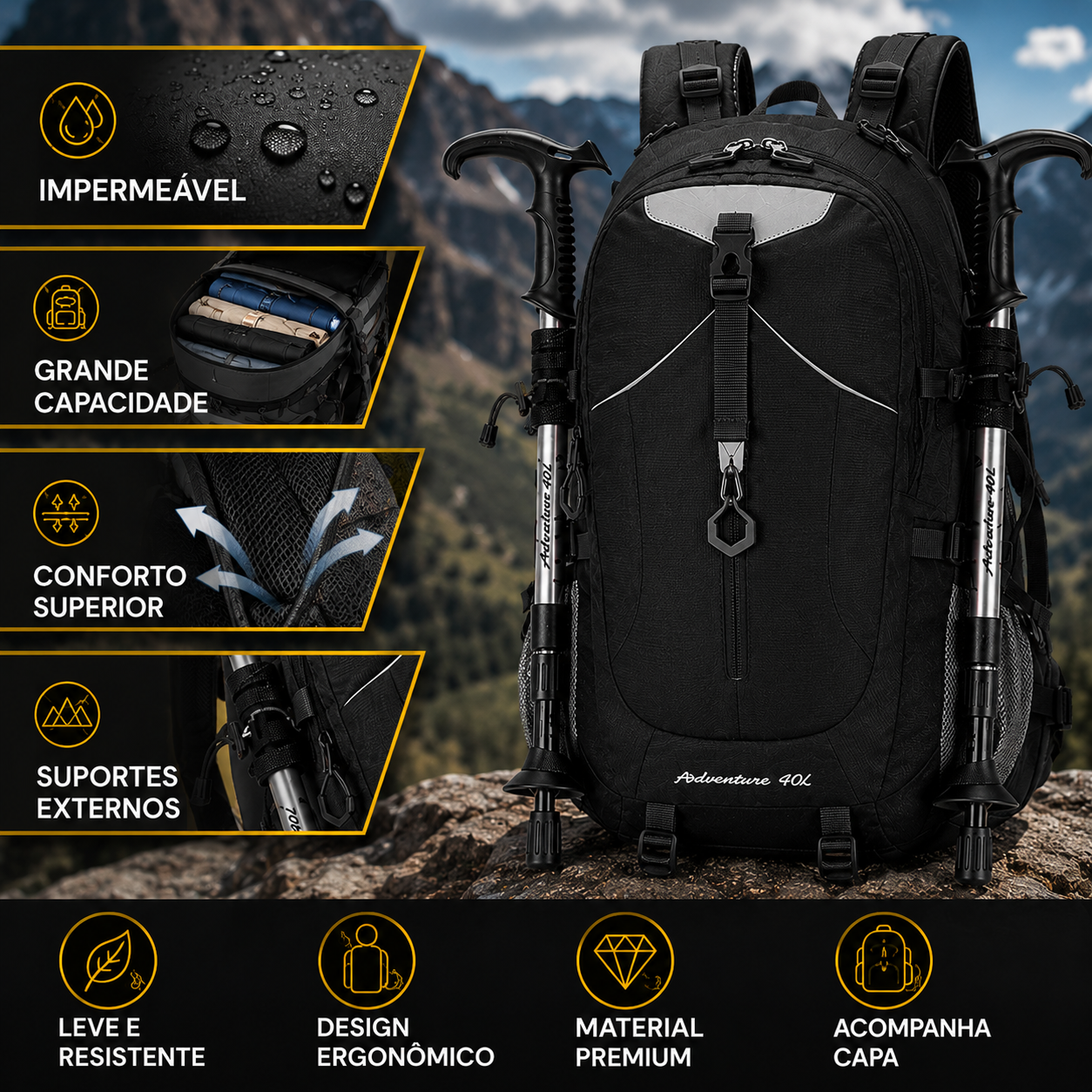 Mochila impermeável de 40 litros com bolsos organizadores para equipamentos de camping e aventura.