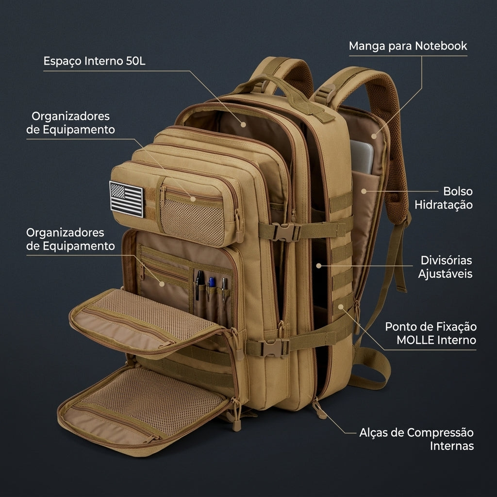 Mochila camping 50 litros com sistema MOLLE e múltiplos compartimentos.