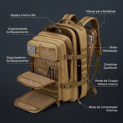 Mochila camping 50 litros com sistema MOLLE e múltiplos compartimentos.