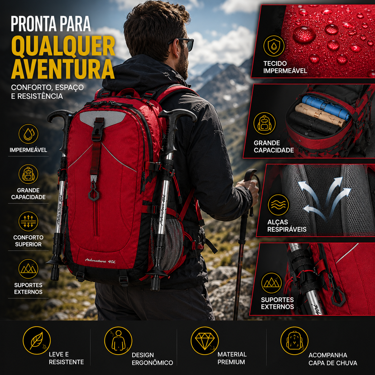 Mochila cargueira 40 litros para trilhas, viagens e acampamentos com design leve e compartimentos organizadores.