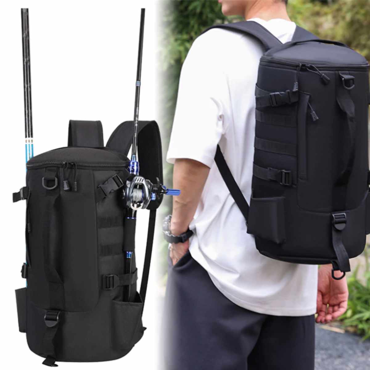 Vista lateral da mochila tubular para pesca, focada em alta capacidade de armazenamento