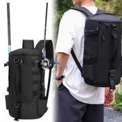 Vista lateral da mochila tubular para pesca, focada em alta capacidade de armazenamento