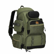 Mochila tática com múltiplos compartimentos para organização de tralhas de pesca e camping.
