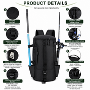 Mochila de pesca cilíndrica grande com design multifuncional para organização de tralhas.