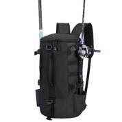 Mochila de pesca tipo cilindro com compartimentos estratégicos para acessórios e varas.