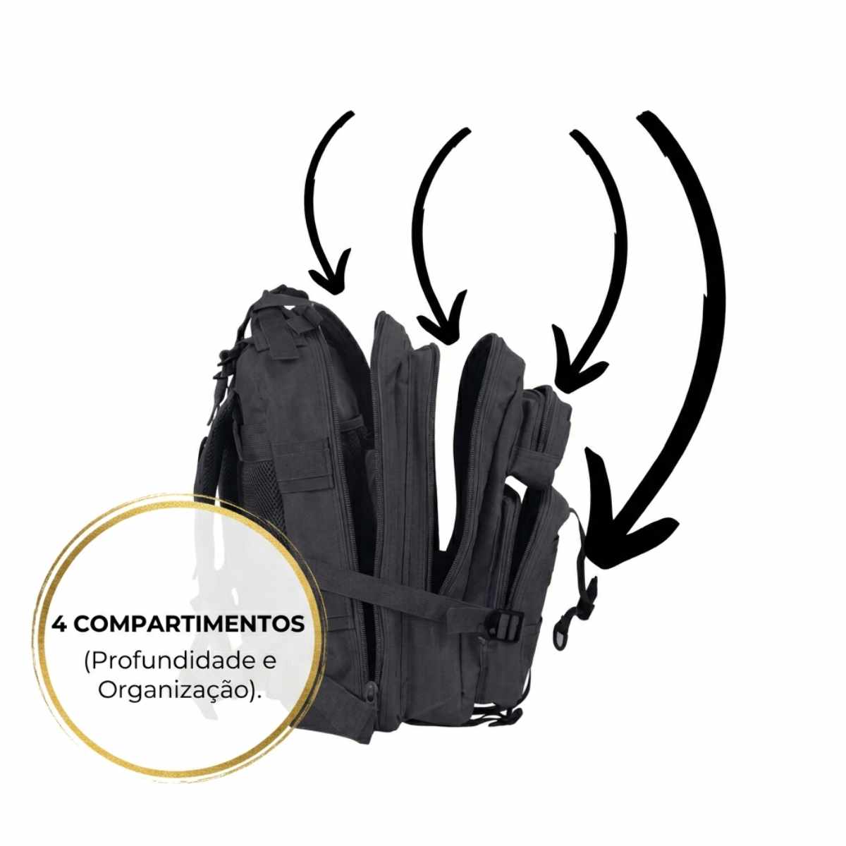 Mochila tática robusta com design reforçado, ideal para organizar equipamentos de pesca.