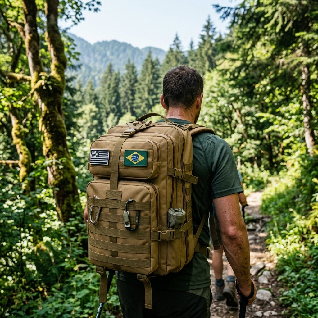 Mochila militar com sistema MOLLE e alças acolchoadas para atividades outdoor.