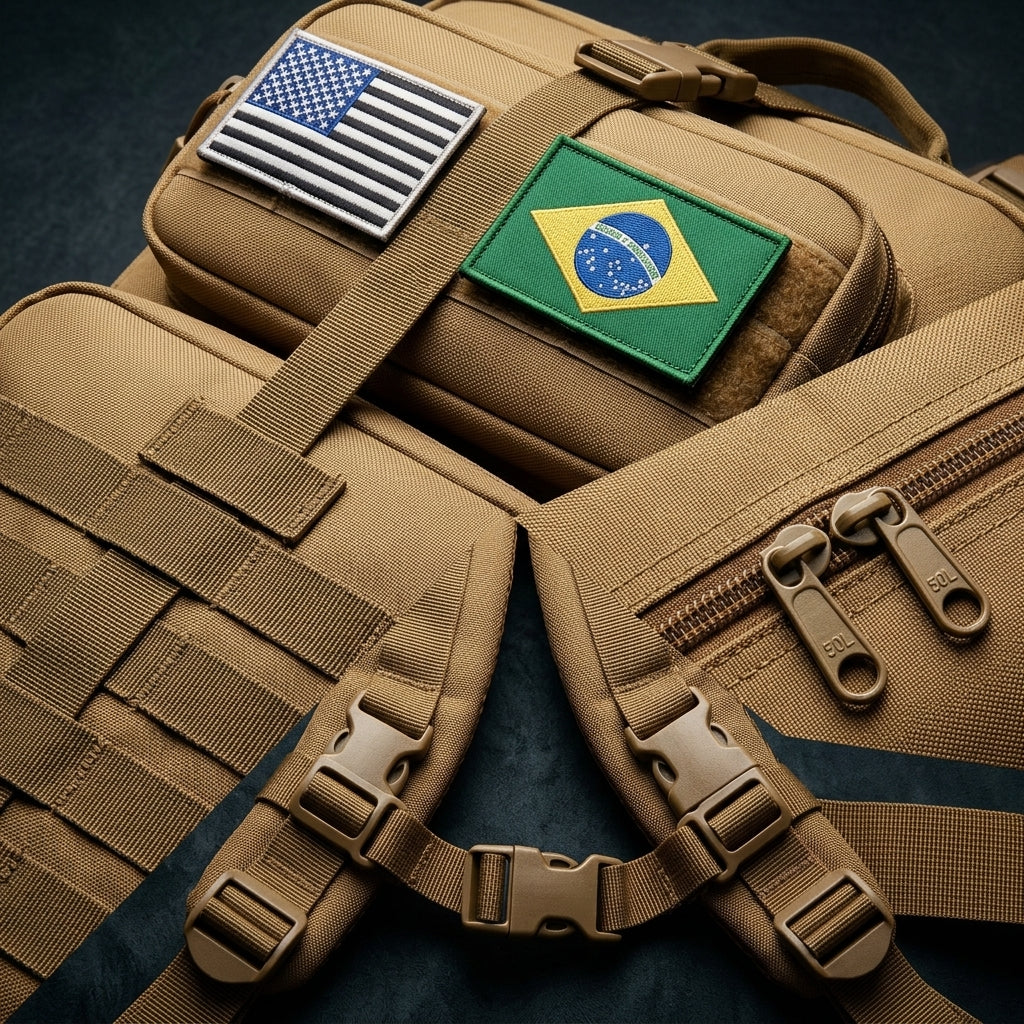 Mochila outdoor reforçada em nylon 600D resistente para pesca e expedições.