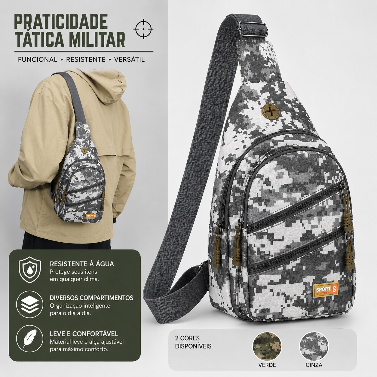 Detalhe dos compartimentos da pochete militar masculina com sistema de ajuste rápido.