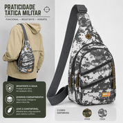 Detalhe dos compartimentos da pochete militar masculina com sistema de ajuste rápido.