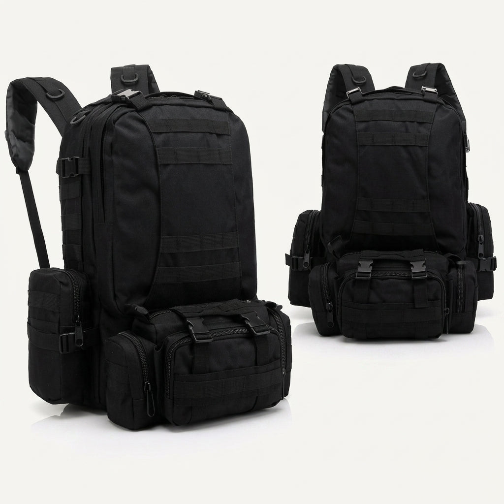 Vista traseira da mochila com acolchoamento antitranspirante e saída superior para mangueira de hidratação.