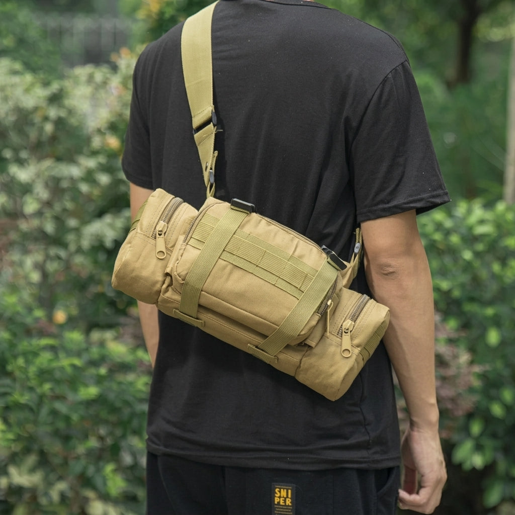 Bolsa pochete tática militar de ombro preta em material de alta resistência Oxford 600D.