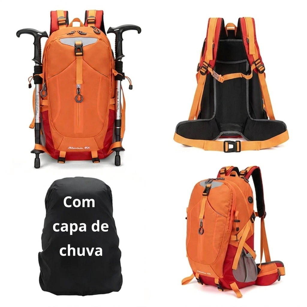 Mochila para trilha 40L com capa de chuva inclusa e estrutura leve para atividades outdoor.