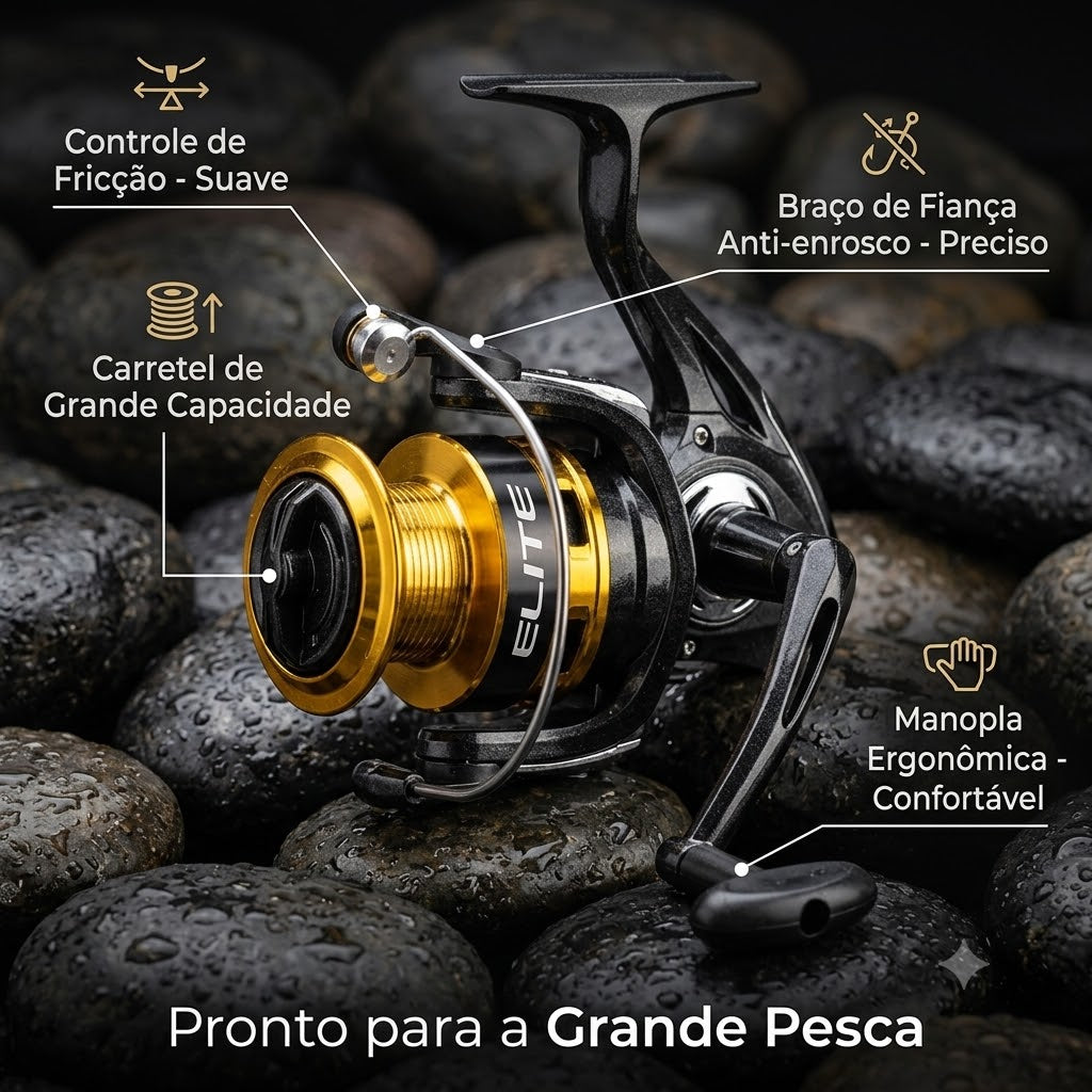 Detalhe do molinete Marine Sports Elite Gold com sistema de 3 rolamentos e manivela reversível.