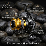 Detalhe do molinete Marine Sports Elite Gold com sistema de 3 rolamentos e manivela reversível.