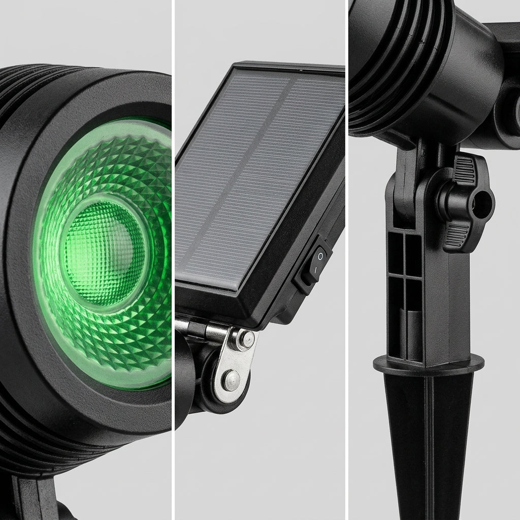Detalhes da lente optica com Super LED verde painel fotovoltaico articulado e junta articulavel com espeto de fixacao.