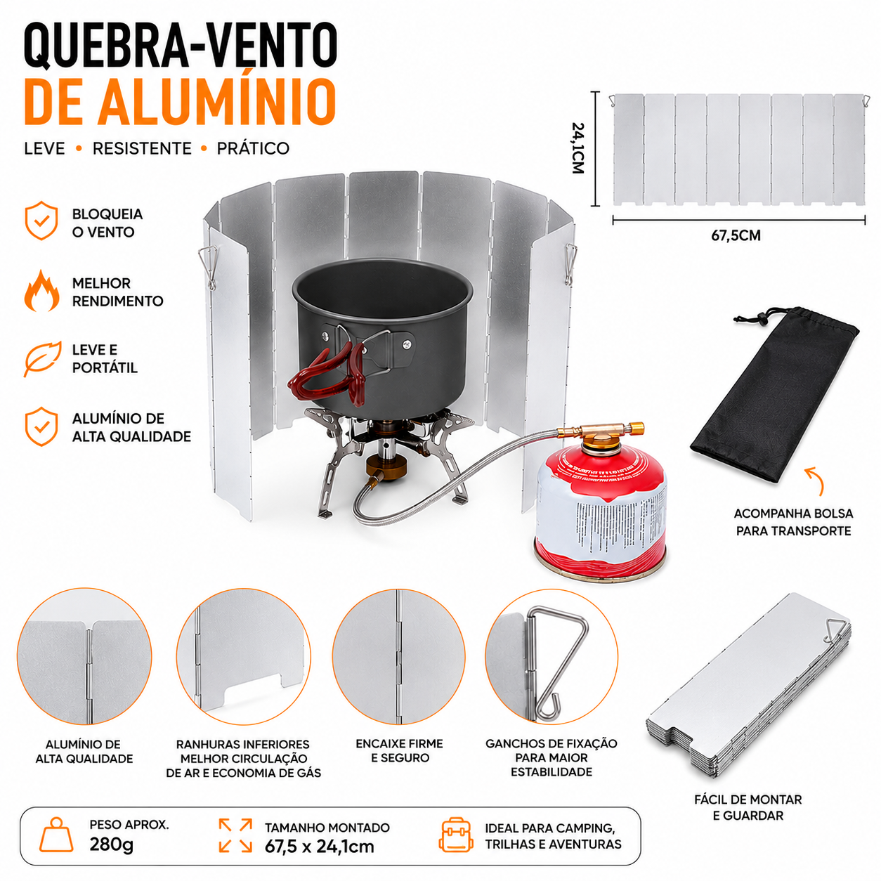 Protetor de vento para fogareiro portátil utilizado durante trilhas e acampamentos.