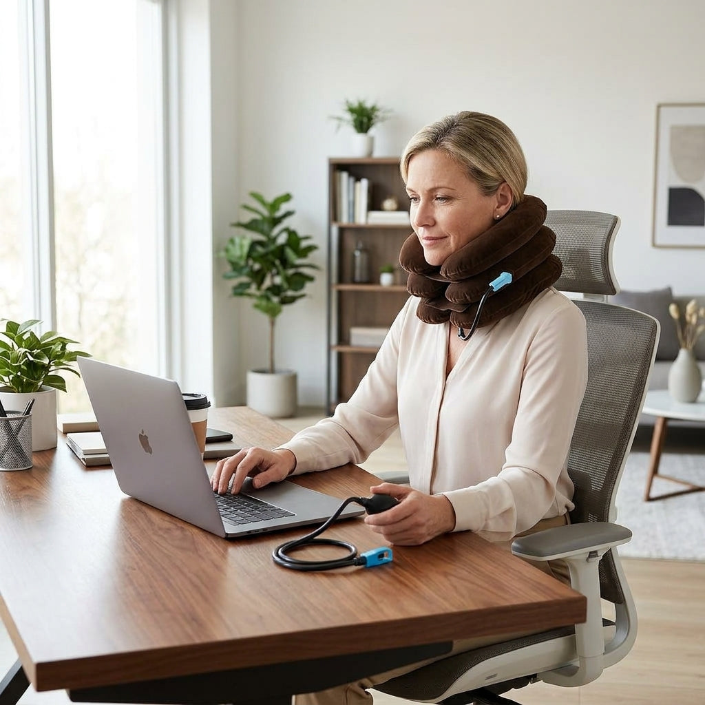 Pessoa sentada confortavelmente no escritorio utilizando o colar cervical inflavel com postura alinhada e sem dor.