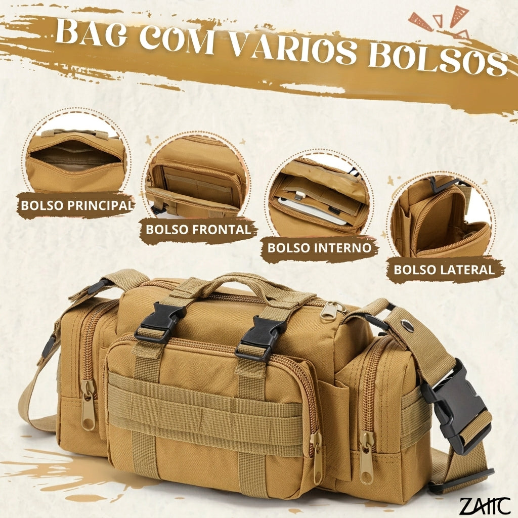  Detalhe do bolso externo de acesso rápido e sistema de zíperes robustos da bolsa de ombro masculina.
