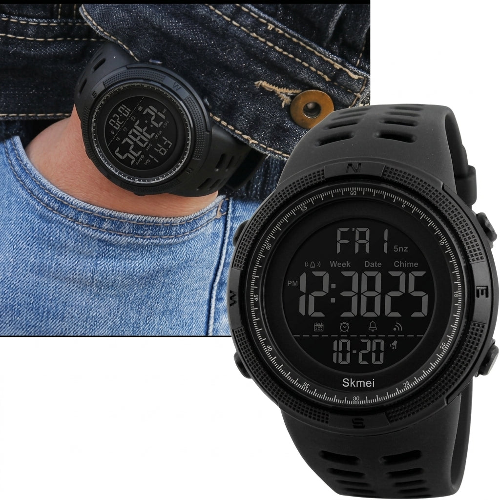 Relógio digital militar masculino Skmei 1251 preto com visor grande redondo e mostrador digital.