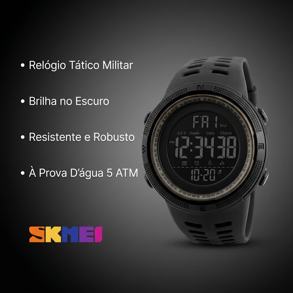 Mostrador do relógio Skmei 1251 exibindo as funções de cronômetro, alarme diário e calendário completo.
