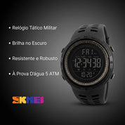 Mostrador do relógio Skmei 1251 exibindo as funções de cronômetro, alarme diário e calendário completo.
