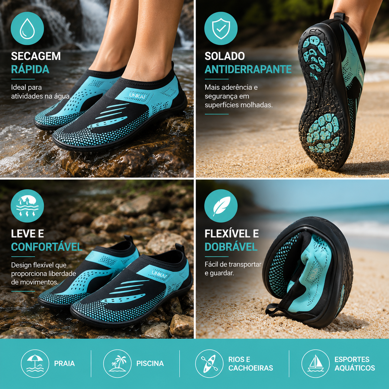 Sapatilha aquática unissex ideal para pesca, praia, caiaque e esportes aquáticos.