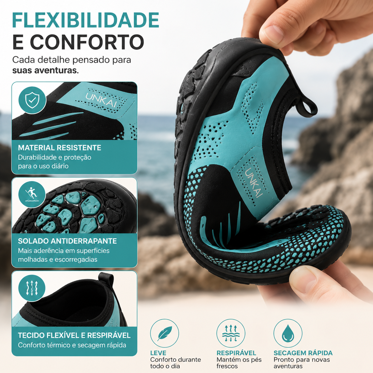 Sapatilha em neoprene com secagem rápida e excelente ventilação para atividades outdoor.