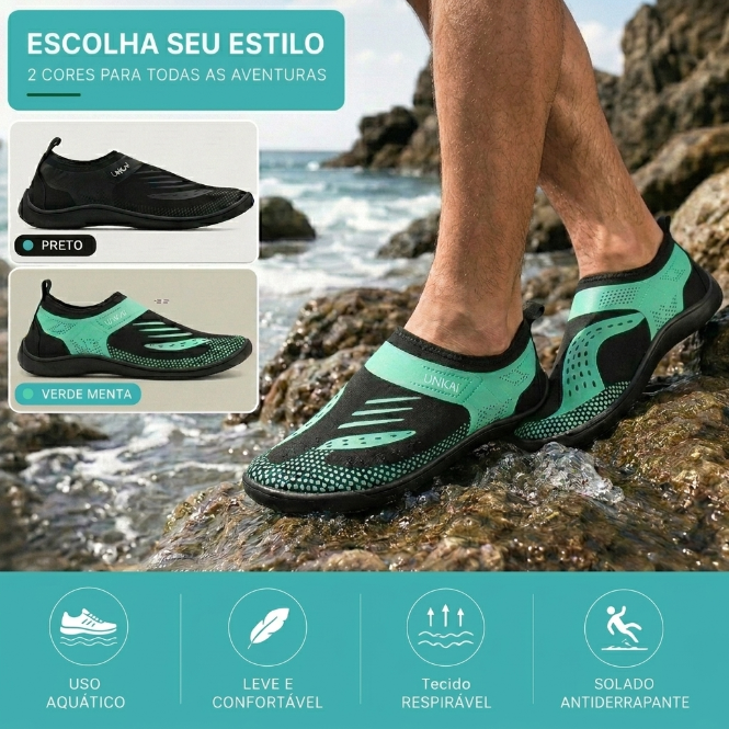 Detalhe do solado antiderrapante da sapatilha aquática para maior aderência em superfícies molhadas.