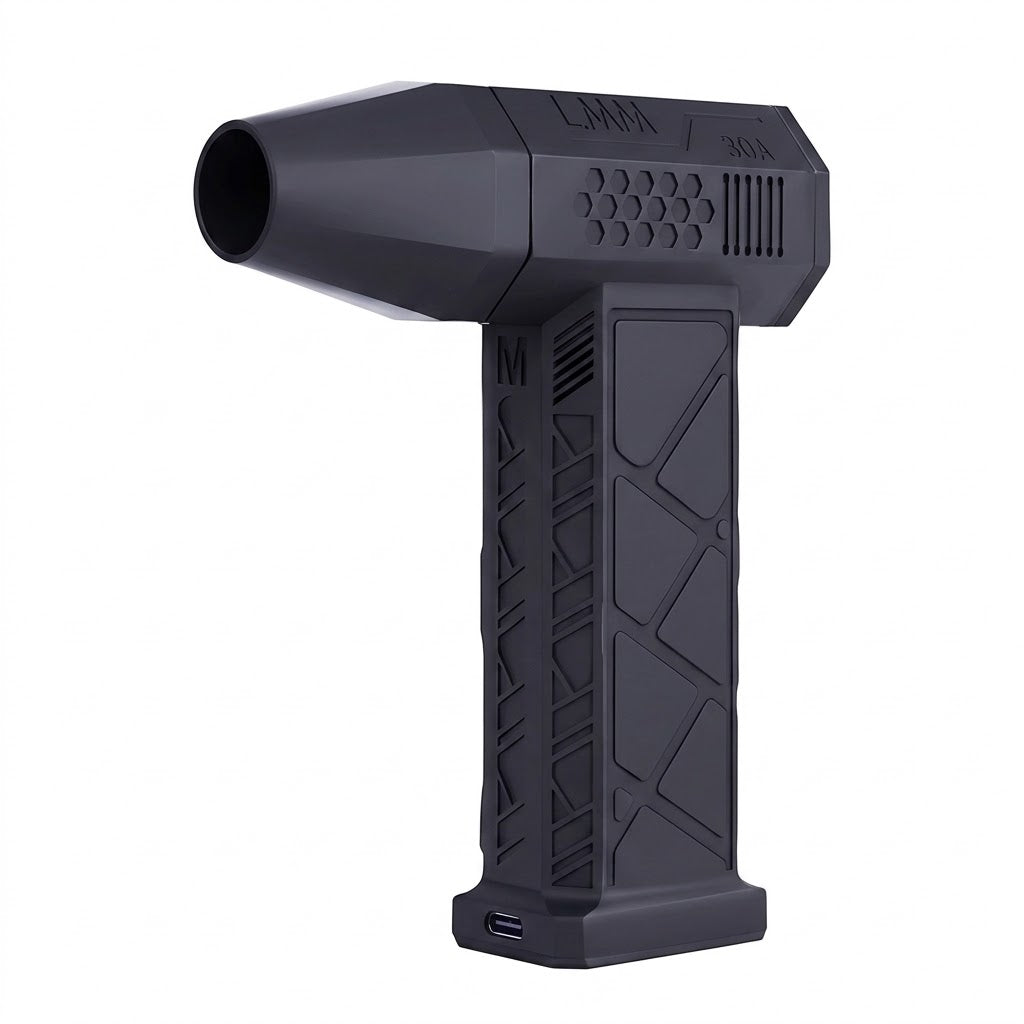 Soprador de ar turbo jet fan 130000 RPM sem fio portátil com fundo branco.