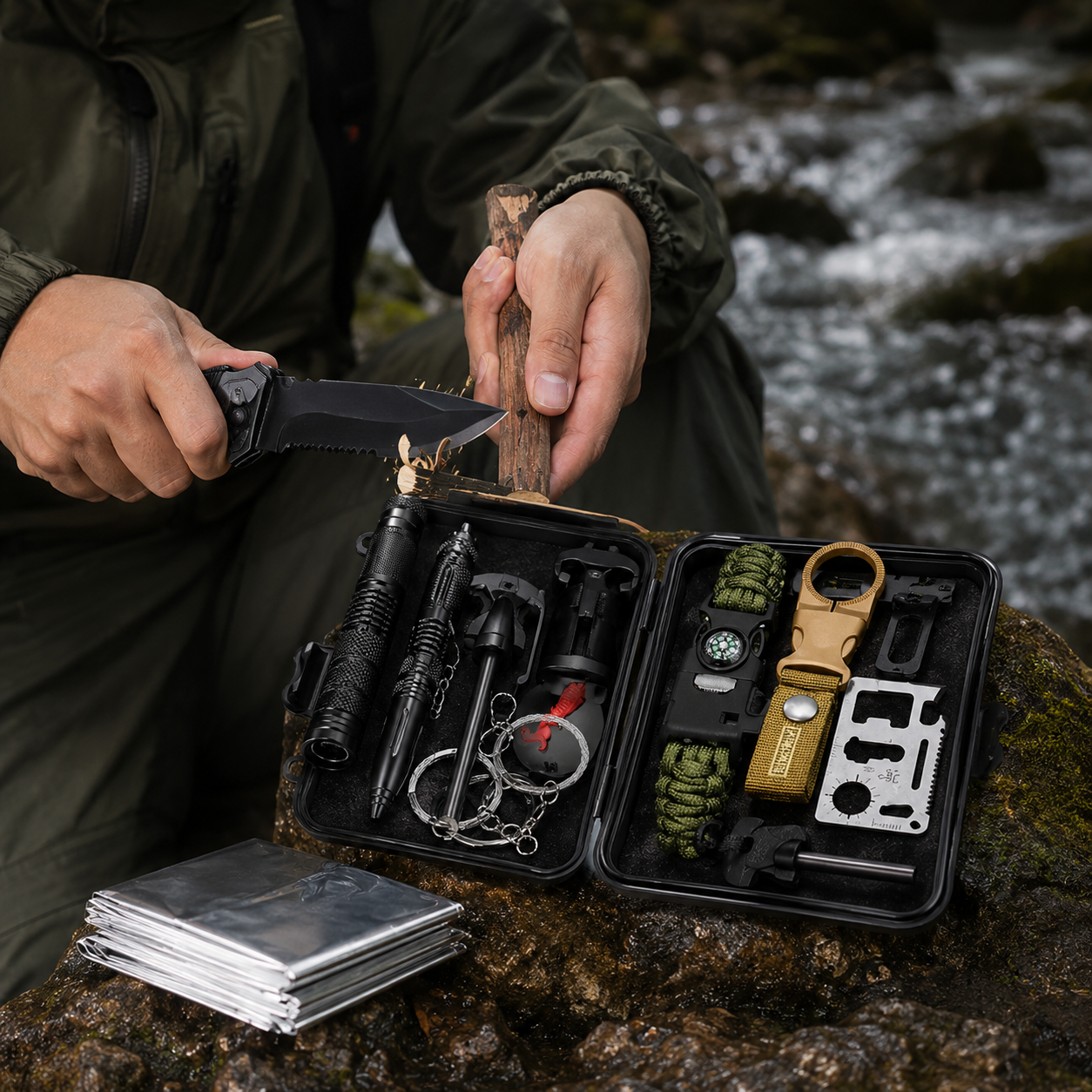 Kit survival para camping e trilha com ferramentas multifuncionais e estojo portátil.