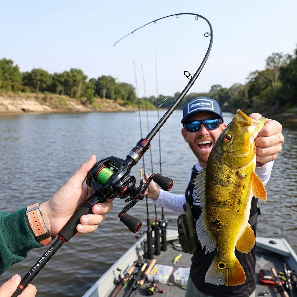 Vara de pesca em fibra de carbono desmontável com cabo em EVA antiderrapante.