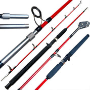 Equipamento de pesca profissional com vara reforçada dividida em 2 partes para fácil transporte.