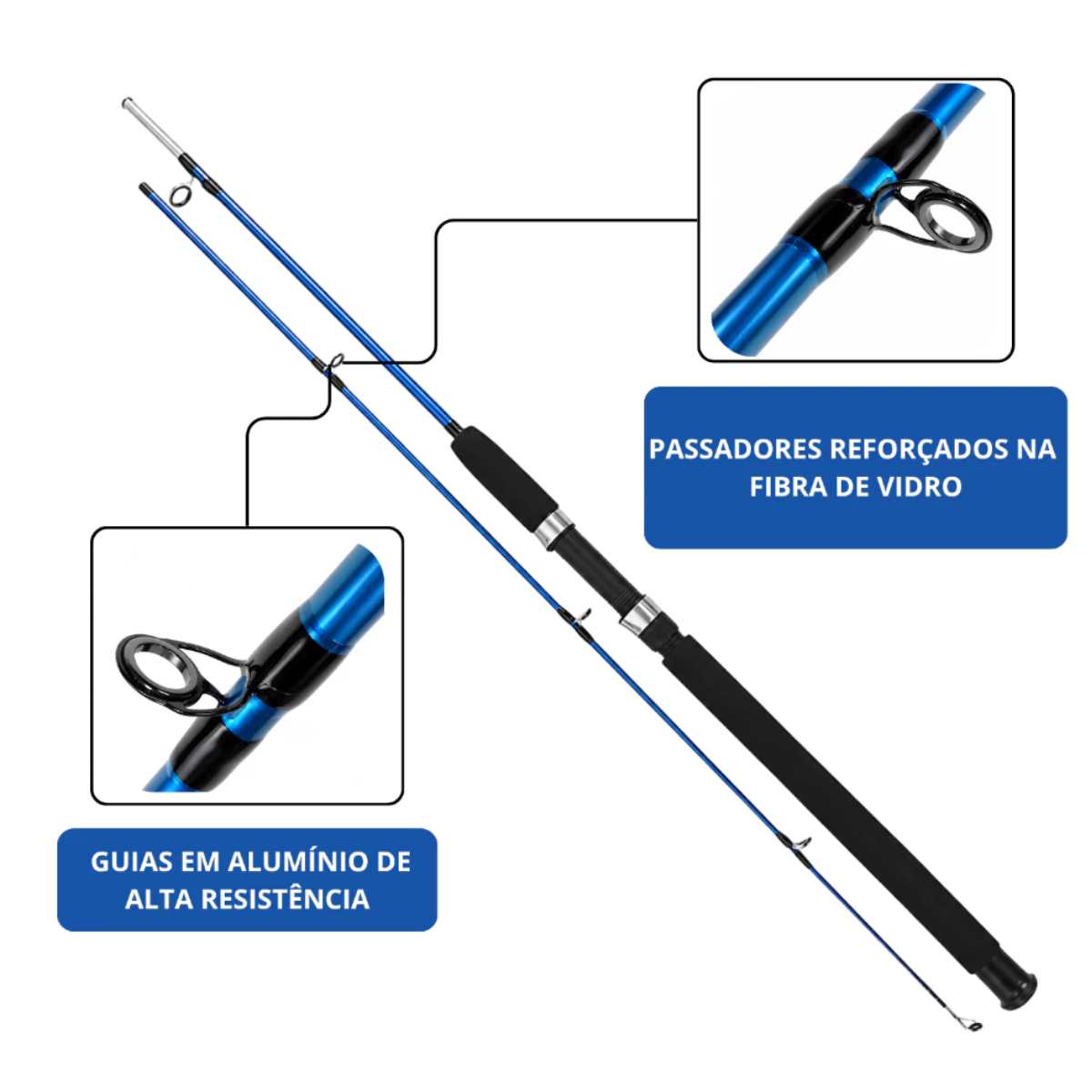 Equipamento de pesca esportiva de 1,80m com cabo ergonômico para maior conforto durante a pescaria.