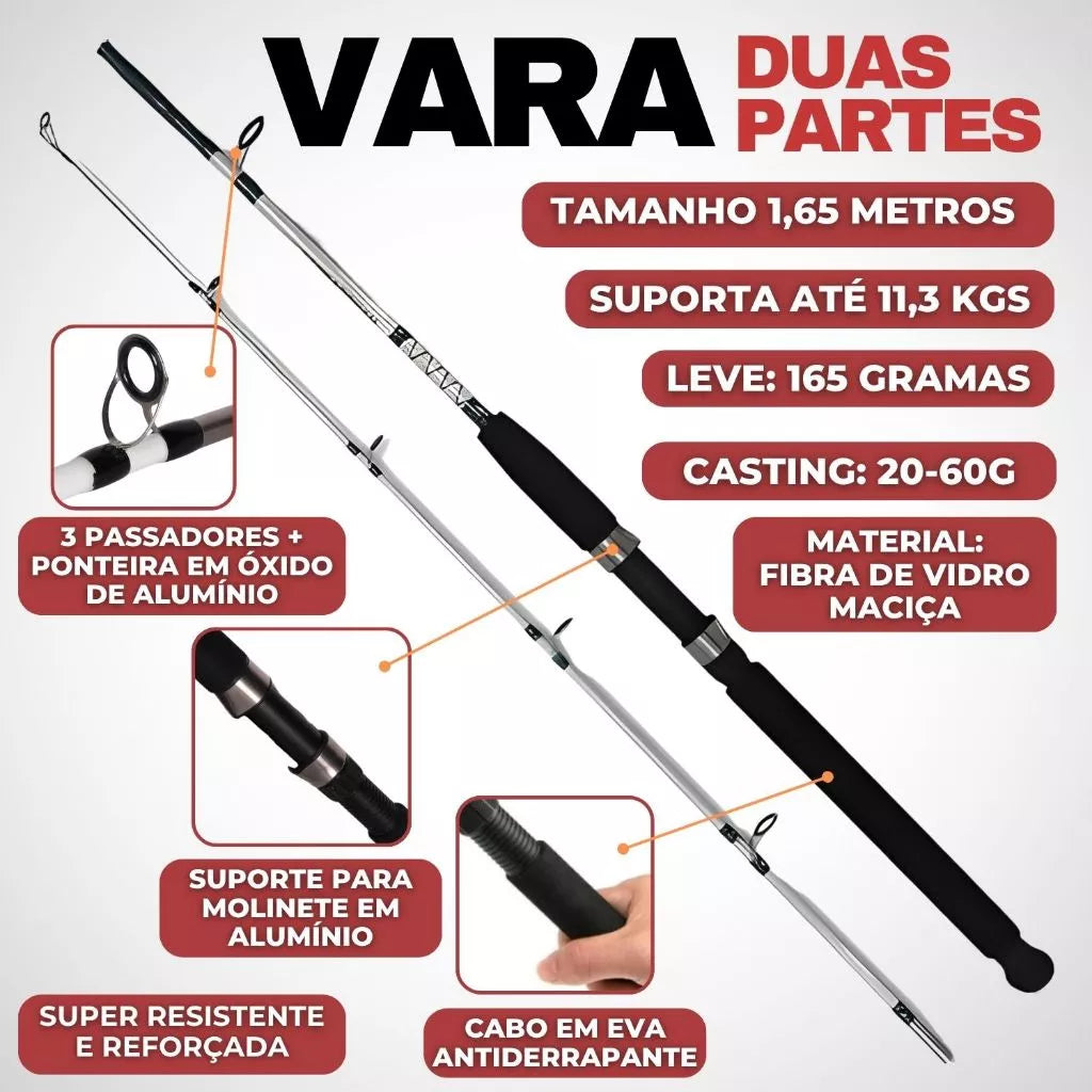 Vara de pesca MTZK de 1,65m em fibra de vidro maciça