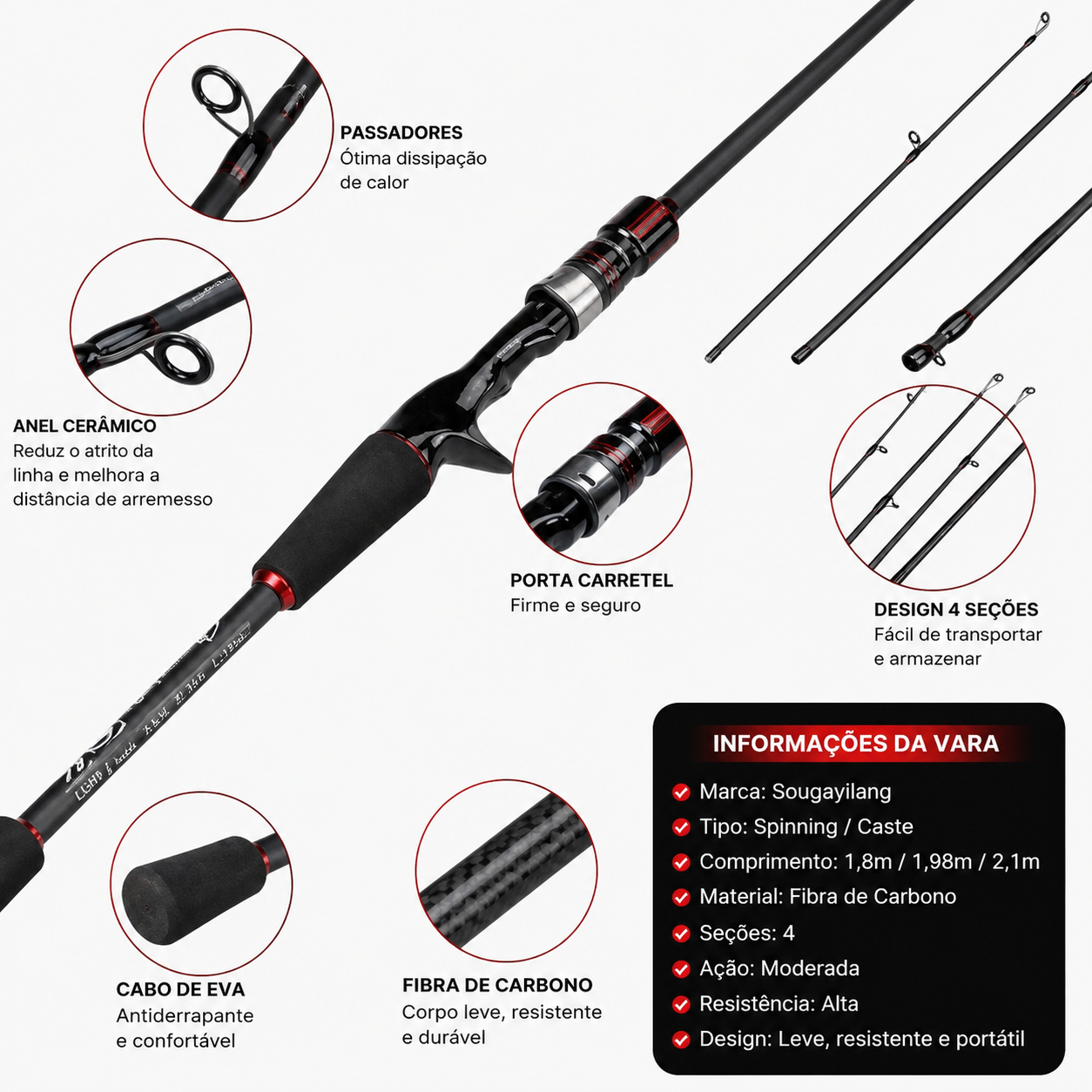 Vara de pesca Sougayilang para rios, lagos e pesqueiros fabricada em fibra de carbono.